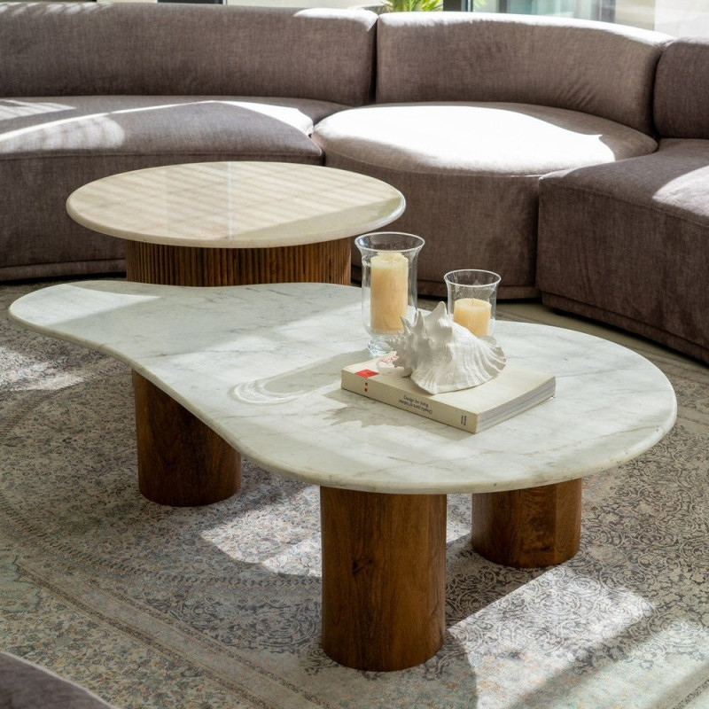 Table basse organique marbre blanc et manguier 135 cm Varelira Ixia - 2