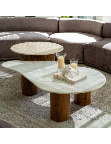 Table basse organique marbre blanc et manguier 135 cm Varelira Ixia - 2
