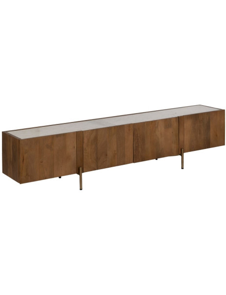 Meuble TV 4 portes en acacia et marbre blanc 200x35x46 cm Havelano Ixia - 1
