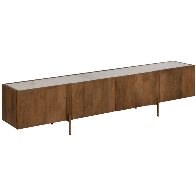 Meuble TV 4 portes en acacia et marbre blanc 200x35x46 cm Havelano Ixia - 1
