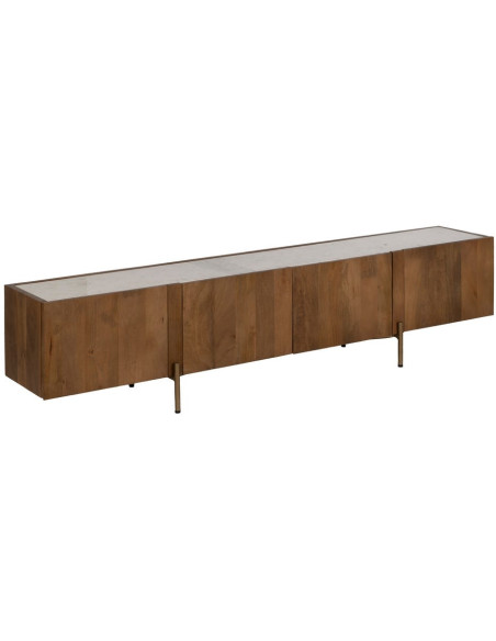 Meuble TV 4 portes en acacia et marbre blanc 200x35x46 cm Havelano Ixia - 1