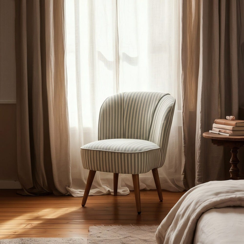 Fauteuil rayé vert sauge en tissu et hévéa 54x64x73 cm Elarano Ixia - 2