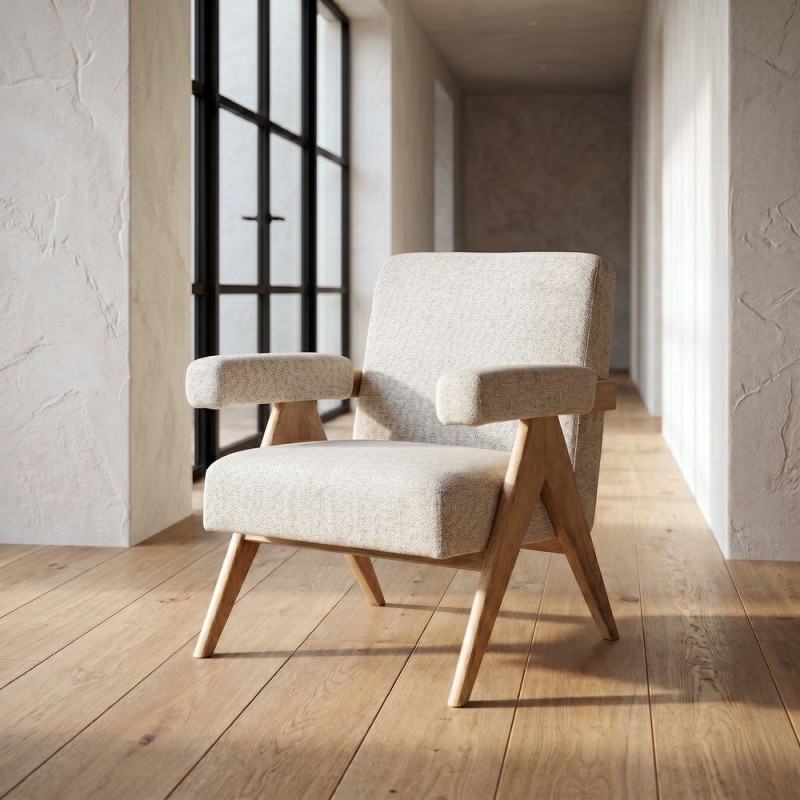 Fauteuil scandinave beige en tissu et bois 74x76x85 cm Lomarero Ixia - 2