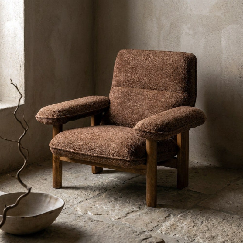 Fauteuil lounge marron chocolat en bouclette et bois 96x86,5x82,5 cm Isenano Ixia - 2