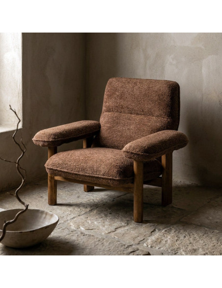 Fauteuil lounge marron chocolat en bouclette et bois 96x86,5x82,5 cm Isenano Ixia - 2