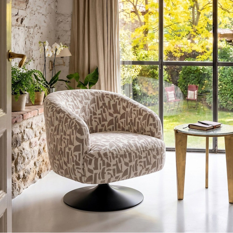 Fauteuil pivotant beige motif géométrique en tissu 73x80x73 cm Morenoro Ixia - 2