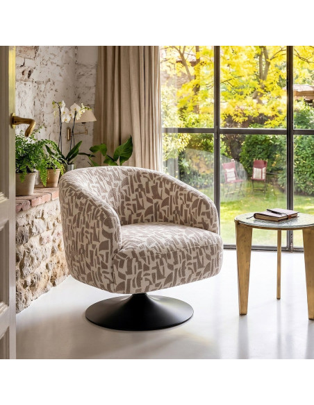 Fauteuil pivotant beige motif géométrique en tissu 73x80x73 cm Morenoro Ixia - 2