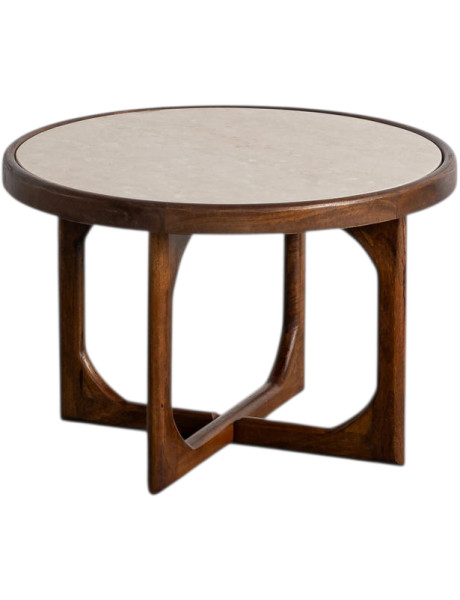 Table basse ronde marbre beige et manguier brun 60x60x40 cm Larelira Ixia - 1