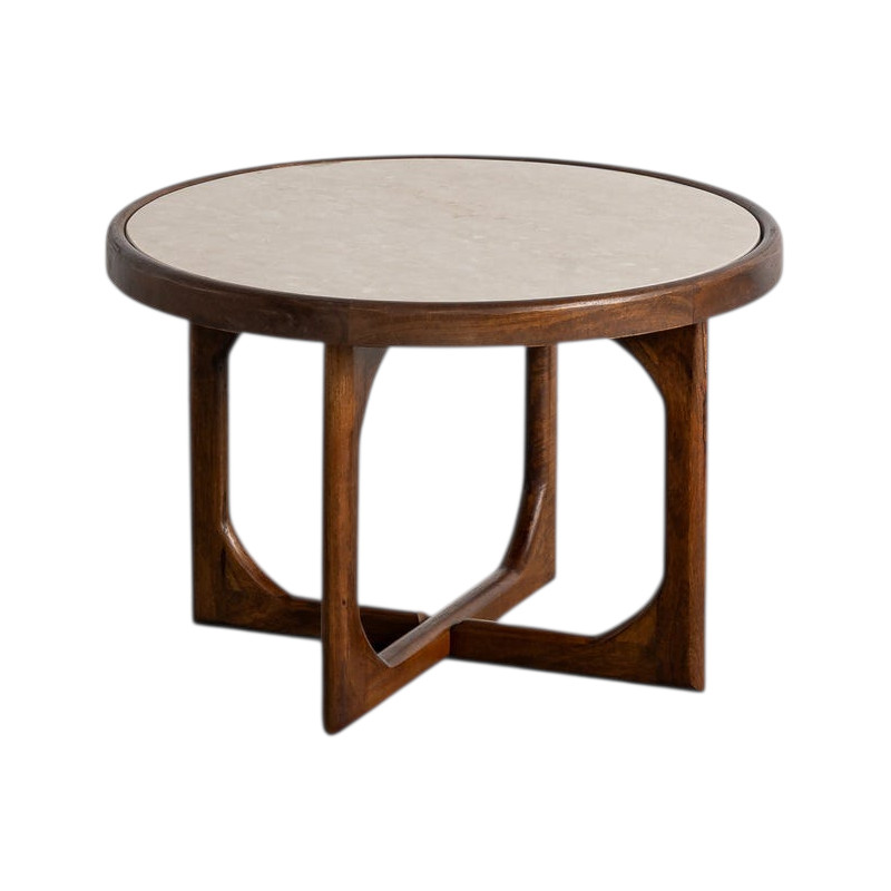 Table basse ronde marbre beige et manguier brun 60x60x40 cm Larelira Ixia - 1