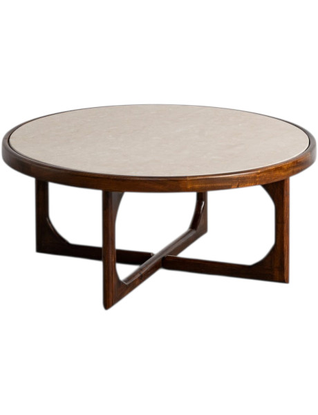 Table basse ronde marbre beige et manguier brun 78x78x36 cm Larelira Ixia - 1