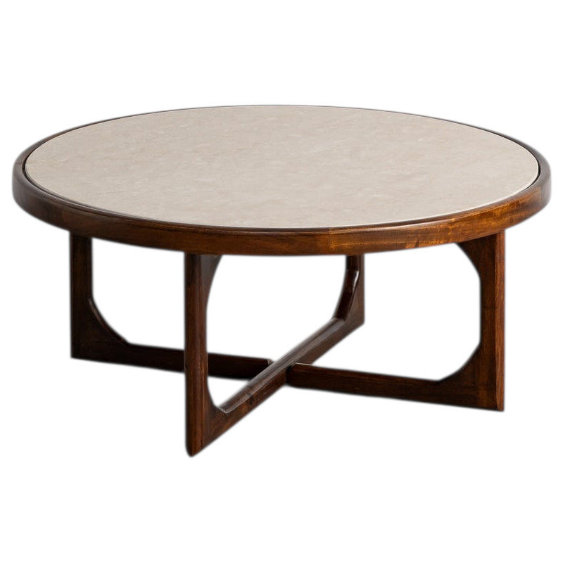 Table basse ronde marbre beige et manguier brun 78x78x36 cm Larelira Ixia - 1