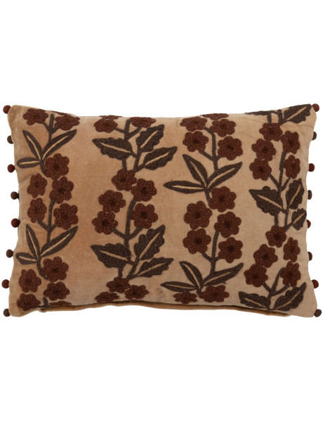 Coussin floral brodé camel chocolat en coton 35x50 cm Ankeike J-Line - 1