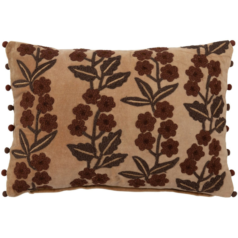 Coussin floral brodé camel chocolat en coton 35x50 cm Ankeike J-Line - 1