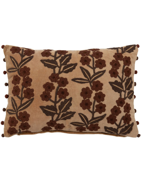 Coussin floral brodé camel chocolat en coton 35x50 cm Ankeike J-Line - 1