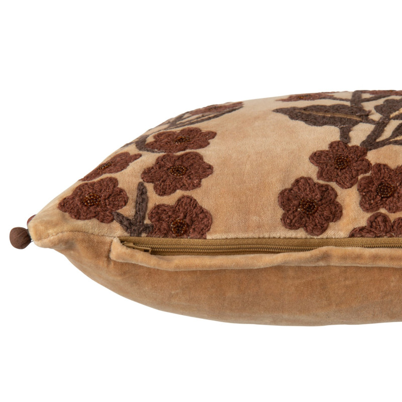Coussin floral brodé camel chocolat en coton 35x50 cm Ankeike J-Line - 3