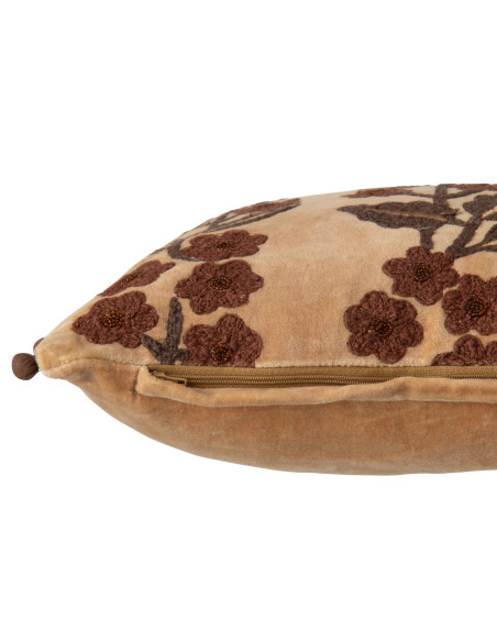 Coussin floral brodé camel chocolat en coton 35x50 cm Ankeike J-Line - 3
