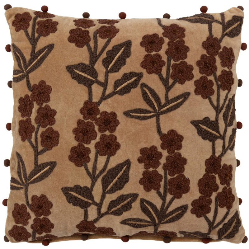 Coussin floral coton camel chocolat 45x45 cm Ankeike J-Line - 1