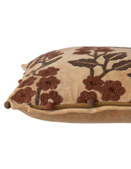 Coussin floral coton camel chocolat 45x45 cm Ankeike J-Line - 4