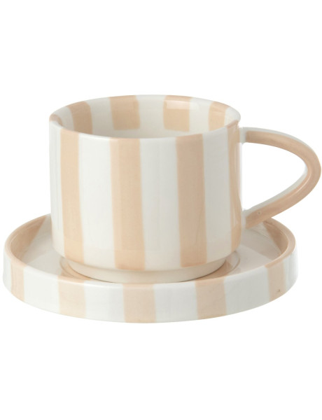 Tasse à café avec soucoupe en grès rayé beige 11,5x7,9x6,2 cm Nouweland  - 1