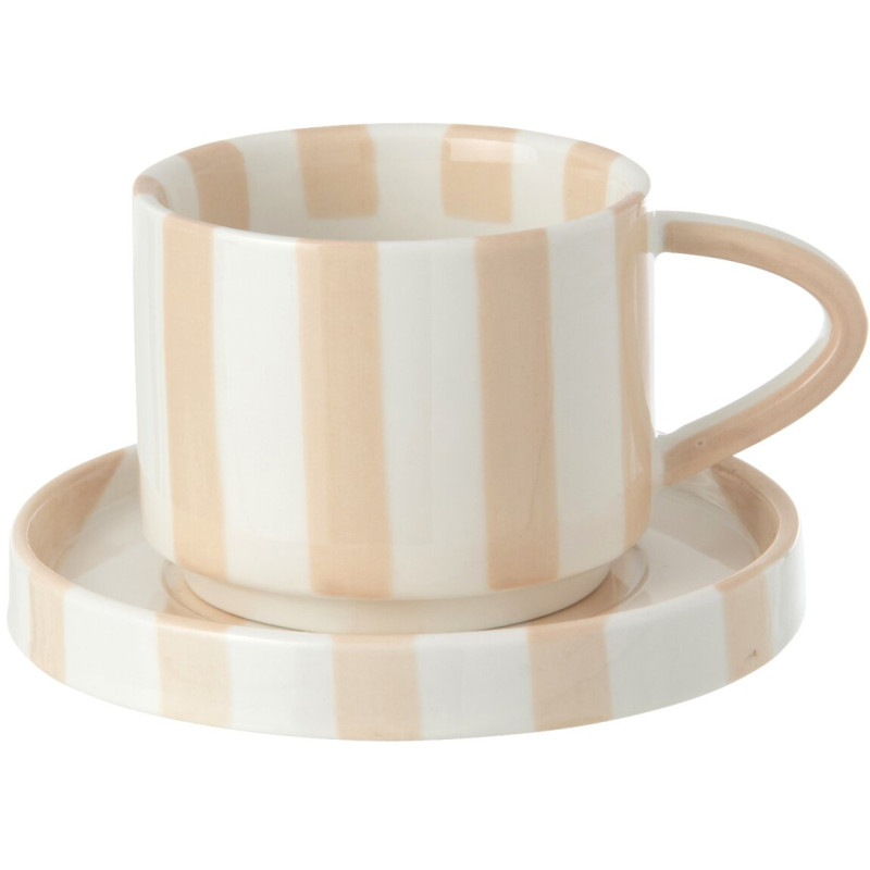 Tasse à café avec soucoupe en grès rayé beige 11,5x7,9x6,2 cm Nouweland  - 1