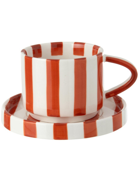 Tasse à café avec soucoupe grès rayé terracotta 11,5 cm Nouweland J-Line - 1