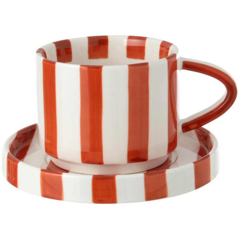 Tasse à café avec soucoupe grès rayé terracotta 11,5 cm Nouweland J-Line - 1