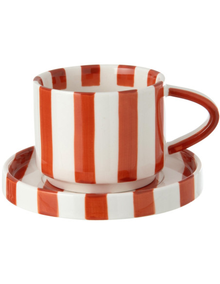 Tasse à café avec soucoupe grès rayé terracotta 11,5 cm Nouweland J-Line - 1