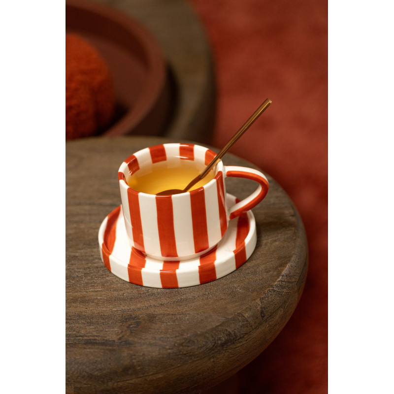 Tasse à café avec soucoupe grès rayé terracotta 11,5 cm Nouweland J-Line - 2