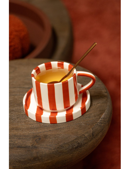 Tasse à café avec soucoupe grès rayé terracotta 11,5 cm Nouweland J-Line - 2