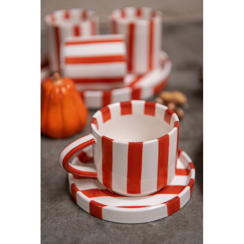 Tasse à café avec soucoupe grès rayé terracotta 11,5 cm Nouweland J-Line - 3