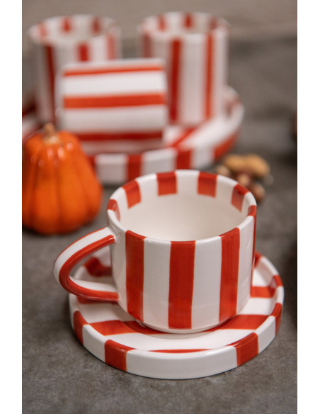 Tasse à café avec soucoupe grès rayé terracotta 11,5 cm Nouweland J-Line - 3