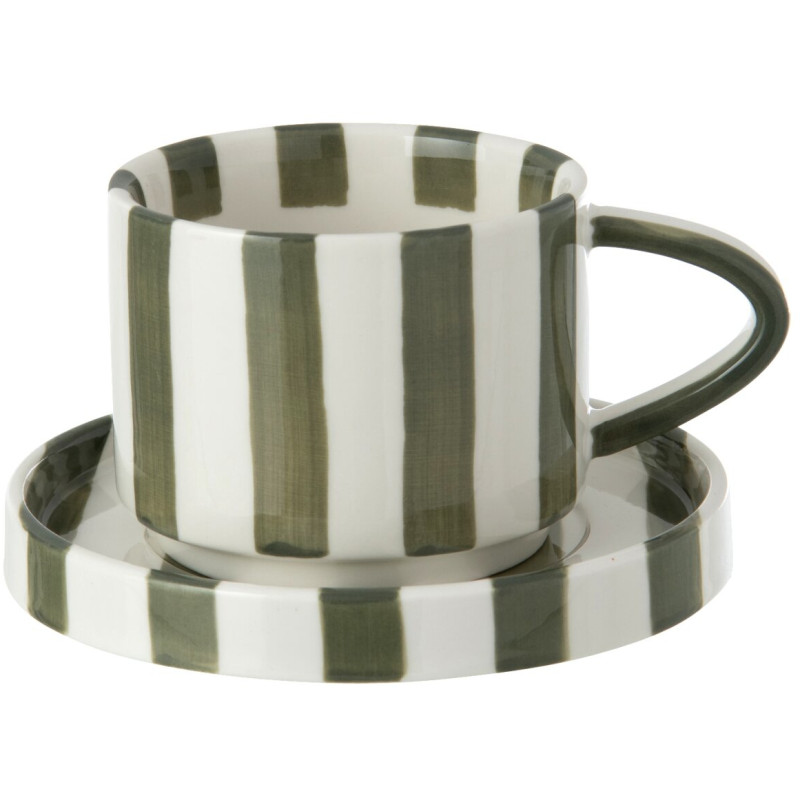 Tasse à café avec soucoupe en grès rayé vert olive 11,5x7,9x6,2 cm Nouweland J-Line - 1