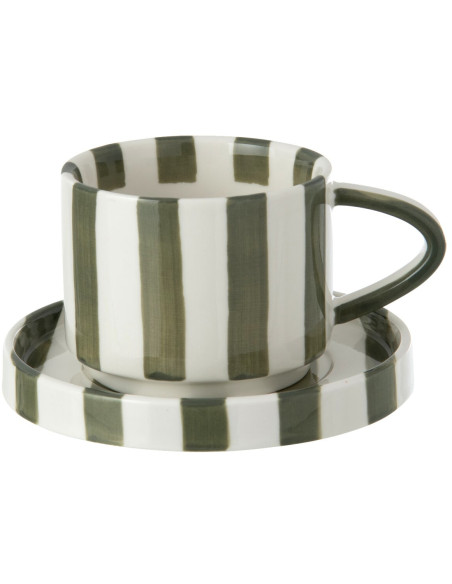 Tasse à café avec soucoupe en grès rayé vert olive 11,5x7,9x6,2 cm Nouweland J-Line - 1