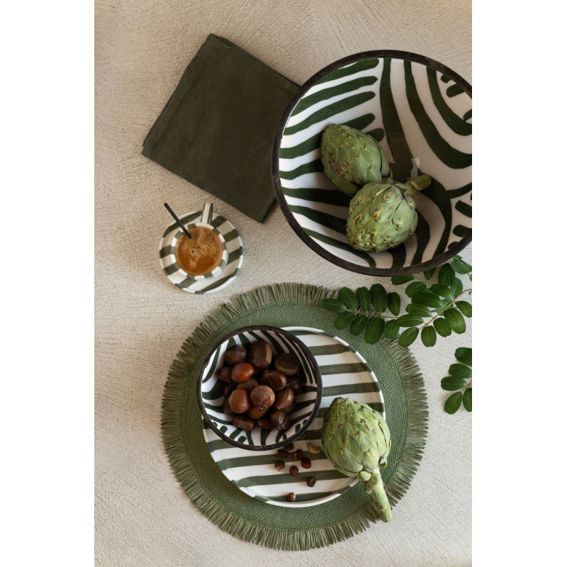 Tasse à café avec soucoupe en grès rayé vert olive 11,5x7,9x6,2 cm Nouweland J-Line - 3