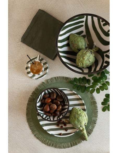 Tasse à café avec soucoupe en grès rayé vert olive 11,5x7,9x6,2 cm Nouweland J-Line - 3
