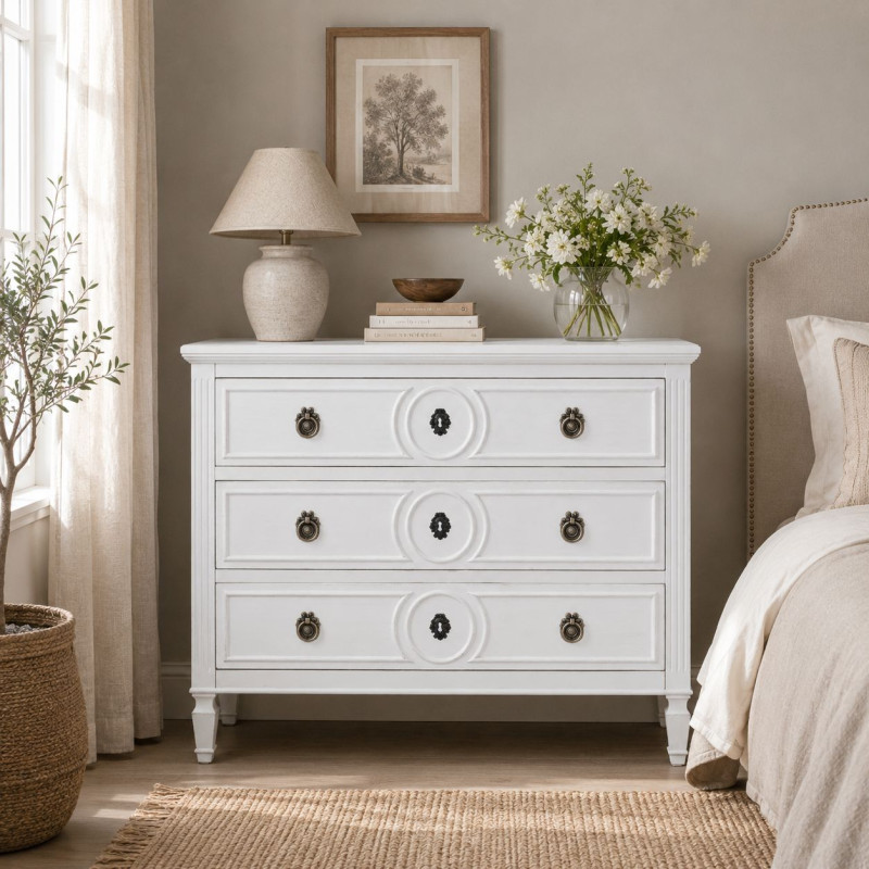 Commode blanche 3 tiroirs en bois 102x46x80 cm Celira  - 2