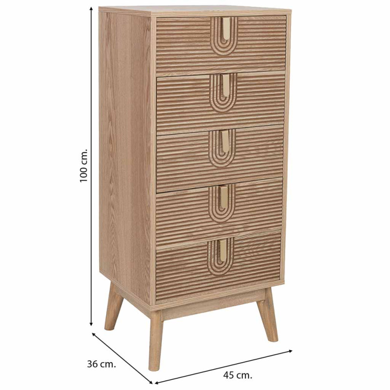 Chiffonnier 5 tiroirs cannelés bois naturel 45x36x100 cm Vireva  - 9