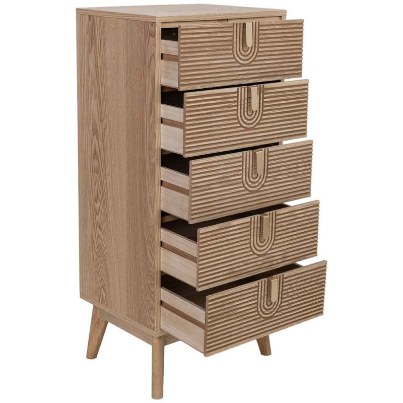 Chiffonnier 5 tiroirs cannelés bois naturel 45x36x100 cm Vireva  - 3