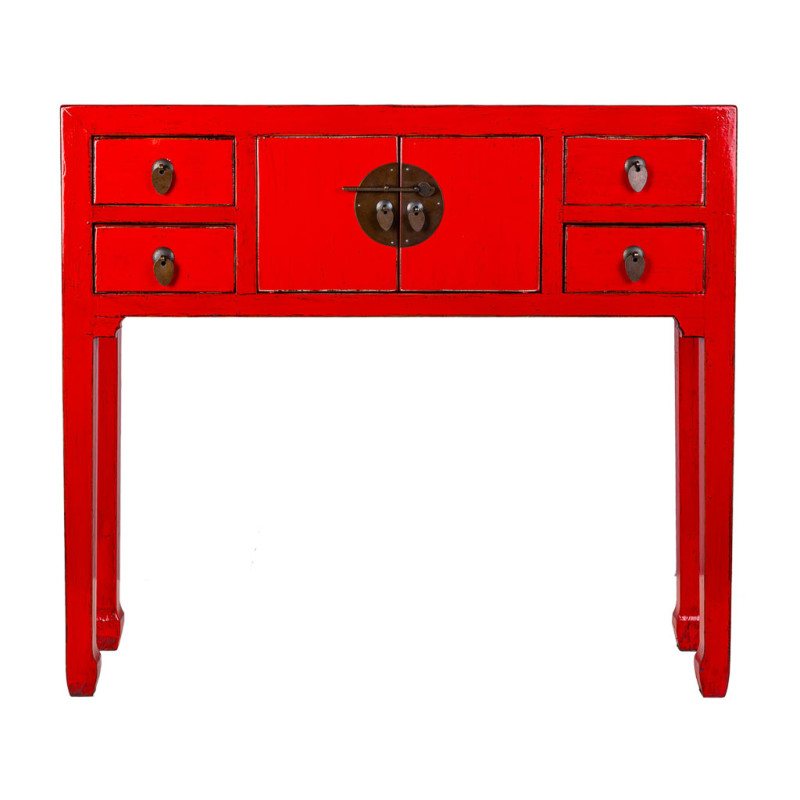 Console d'entrée rouge 4 tiroirs 2 portes en orme 93x25x84 cm Pavenela  - 2