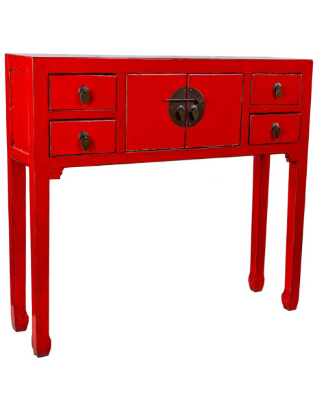Console d'entrée rouge 4 tiroirs 2 portes en orme 93x25x84 cm Pavenela  - 1