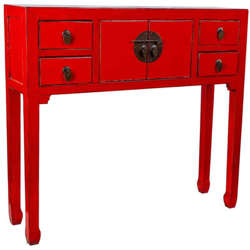 Console d'entrée rouge 4 tiroirs 2 portes en orme 93x25x84 cm Pavenela  - 1