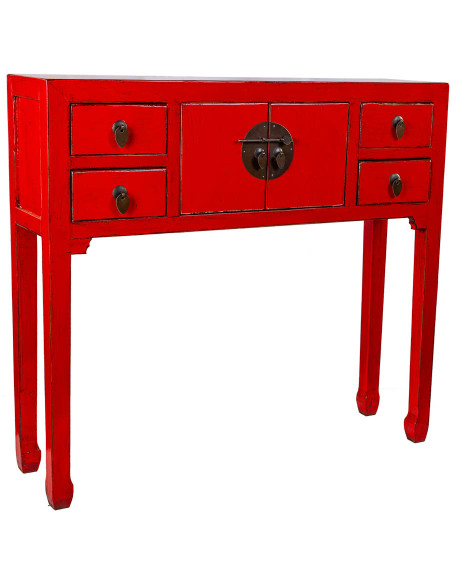 Console d'entrée rouge 4 tiroirs 2 portes en orme 93x25x84 cm Pavenela  - 1