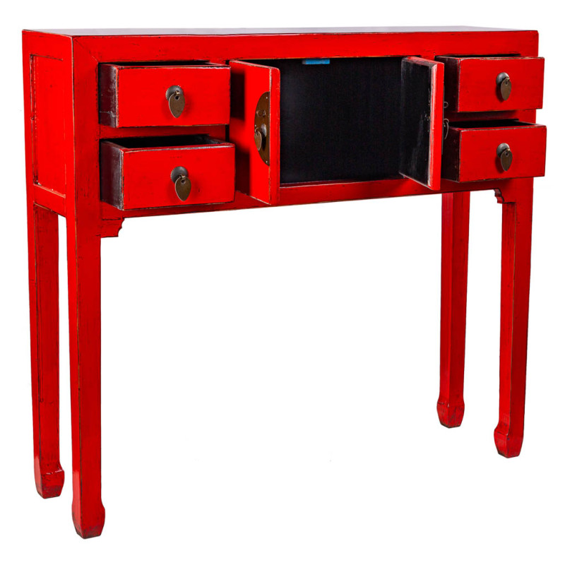 Console d'entrée rouge 4 tiroirs 2 portes en orme 93x25x84 cm Pavenela  - 3