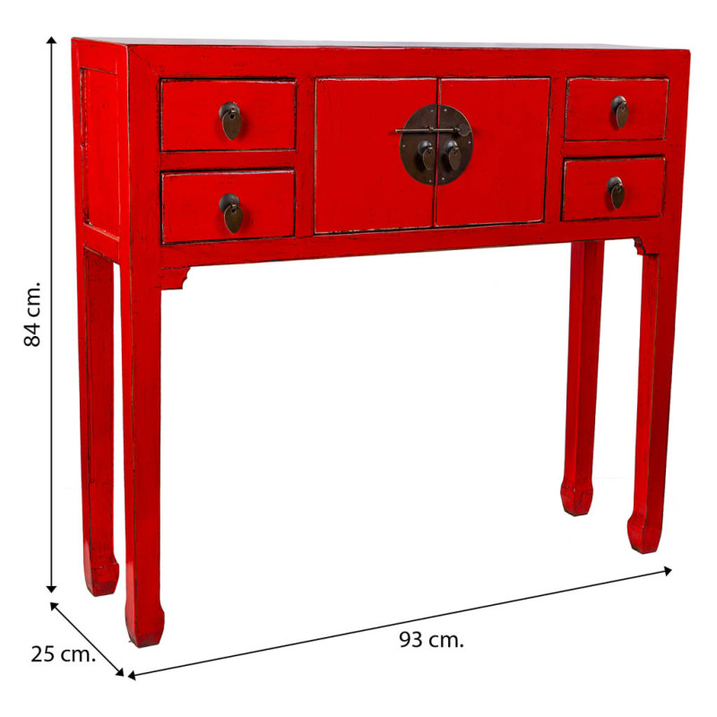Console d'entrée rouge 4 tiroirs 2 portes en orme 93x25x84 cm Pavenela  - 8