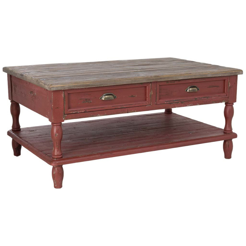 Table basse bois rouge patiné 4 tiroirs 120 cm Ceraluna  - 1