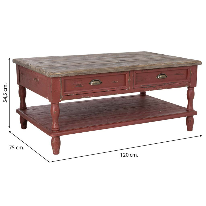Table basse bois rouge patiné 4 tiroirs 120 cm Ceraluna  - 12