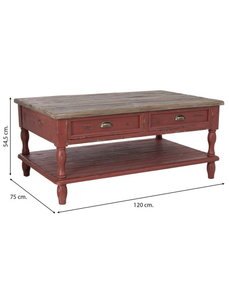 Table basse bois rouge patiné 4 tiroirs 120 cm Ceraluna  - 12