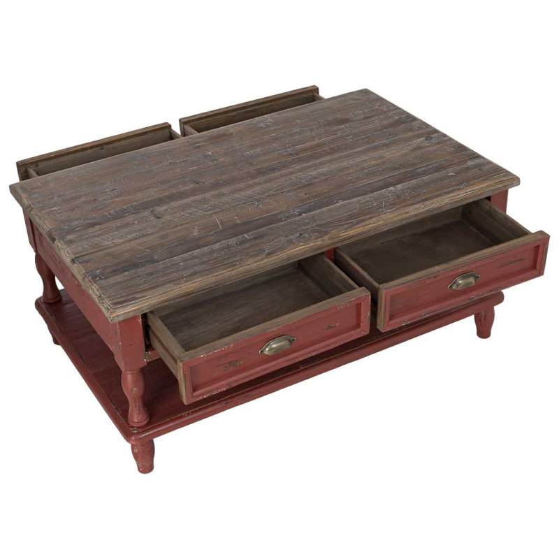 Table basse bois rouge patiné 4 tiroirs 120 cm Ceraluna  - 7