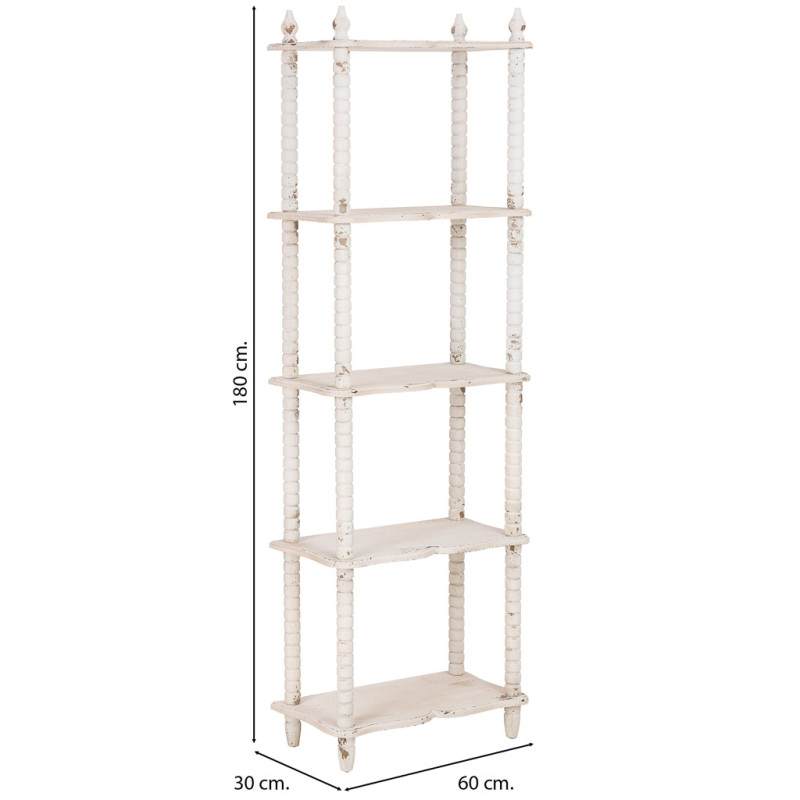 Bibliothèque étroite blanche patinée 5 niveaux en bois 60x30x180 cm Esmarina  - 3