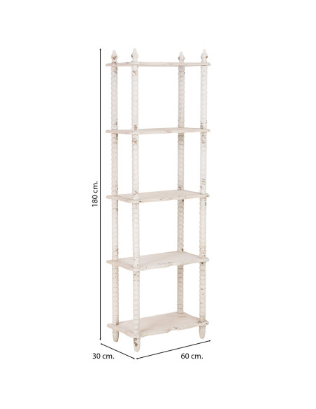 Bibliothèque étroite blanche patinée 5 niveaux en bois 60x30x180 cm Esmarina  - 3